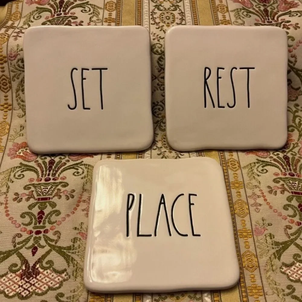 Rae Dunn Drink Coaster Set of 4 REST/PLACE/SET / HOLD White NEW with tags